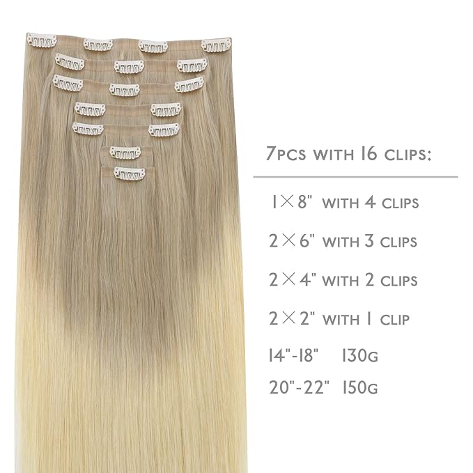 WENNALIFE Seamless Clip In Hair Extensions Human Hair, 12 Inch 80g 7pcs Ombre Ash Blonde to Golden Blonde Balayage Platinum Blonde Remy Hair Invisible PU Skin Weft