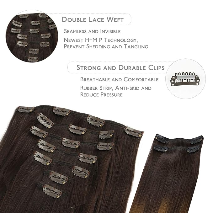 WENNALIFE Clip in Hair Extensions, 150g 18 Inch 9pcs Highlight Dark Brown to Chestnut Brown and Dirty Blonde Remy Hair Thicker Double Weft Extensiones De Cabello Humano Con Clip Ins Straight Volume