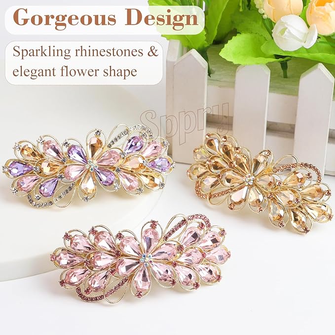 Large Gorgeous Rhinestone Hair Barrette for Women, Flower Jewelry Design (Champagne & Purple)