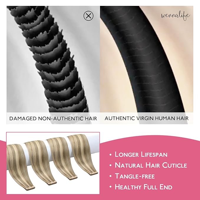 WENNALIFE Tape in Hair Extensions Human Hair Ash Brown with Platinum Blonde Highlights Tape in Extensions, 10pcs 20g 12 inch Remy Invisible Tape Ins Straight Colored Soft Refill Set