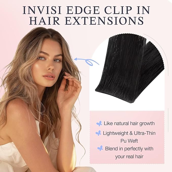 DOORES Hair Extensions Real Human Clip in 18 inch 130g 7pcs Invisi Edge, Seamless Clip in Hair Extensions Invisible Clipins Virgin Injected Skin Weft, 1 Jet Black