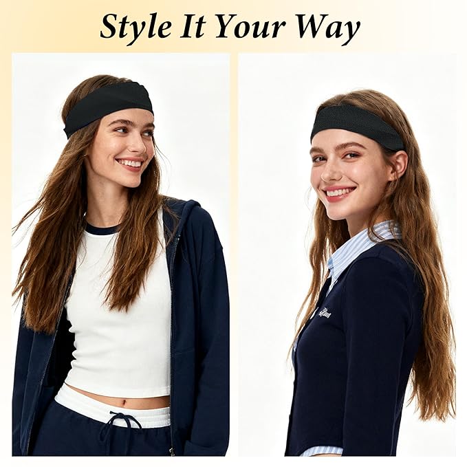 Black Headbands for Women Non-Slip Elastic Hair Bands, 6 Pack Stretchy Soft Cloth Sweat Bands, Fabric Workout Headband, Fashion Head Bands for Yoga Running Sports