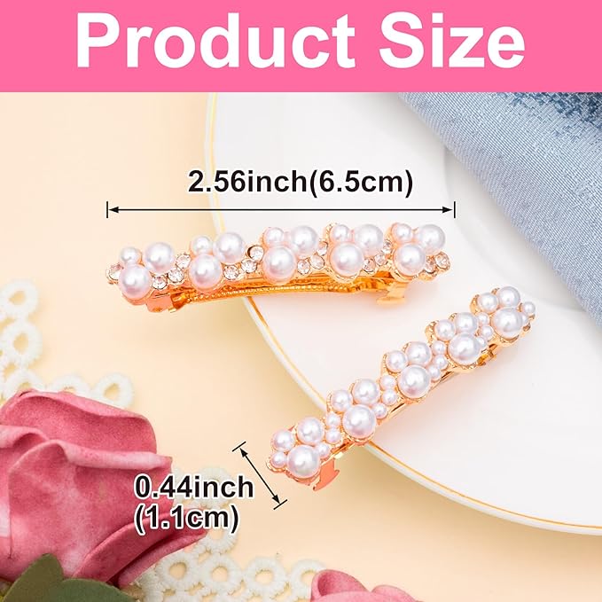 2 Pcs Pearl Hair Clips, Pearl-Embellished Barrette, Elegant Rhinestone Pearls Barrettes for Women, Party, Wedding, Daily Use, Graduation (Gold)