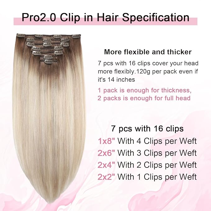 Pro2.0 Clip in Hair Extensions Real Human Hair 20inch 7pcs #8/60/18 Ash Brown to Ash Blonde Mix Platinum Remy Real Human Hair Extensions Clip ins 120g Thick Double Weft（#8/60/18-20inch）