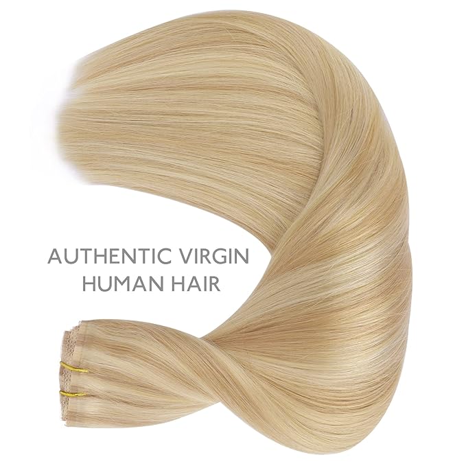 WENNALIFE Lace Seamless Clip in Hair Extensions Human Hair 7pcs Ultra Invisible 50% Thinner Seamless Clip Ins Light Blonde Highlighted Golden Blonde Natural Remy Hair 22 inch