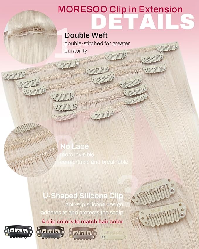 Moresoo Clip in Extensions Real Human Hair White Blonde Hair Extensions Clip ins Blonde Remy Human Hair Double Weft for Women Straight 120g/7pcs 16 inch