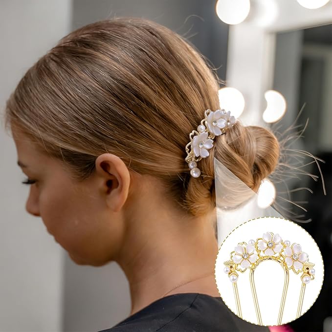 Pearl Flower Hair Clips, U-Shaped Crystal Flower Rhinestone Hair Pins, Gold Alloy Floral Hairpins Hairclips Accessories for Bride Weddings Party Holiday