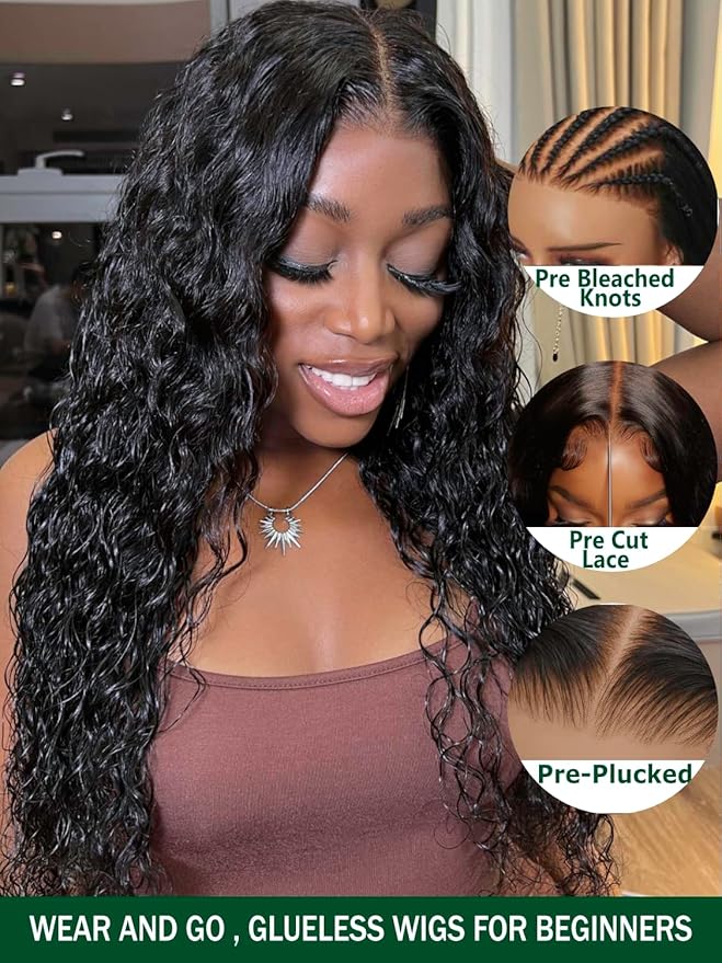 KLAIYI Water Wave HD Real Scalp Glueless Precut 13x4 Lace Front Human Hair Wig Drawstring Bye Bye Knots Pre Plucked Bleached Pre Everything 30S Ready to Wear and Go Deep Curly Wave Beginner Wig 18Inch