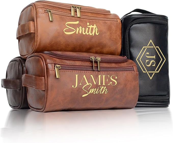 Personalized Toiletry Bag for Men, Engraved Name Initials Toiletry Bag, Customized Monogram Travel Shaving Dopp Kit for Groomsmen, Gift for Christmas, Birthday, Dad, Husband (Dark Brown)