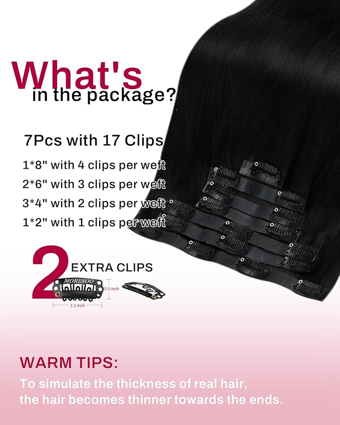 Moresoo Seamless Jet Black Clip in Hair Extensions Human Hair 22 inch Black Hair Extensions Clip ins Long And invisible 120g/7pcs 22 inch