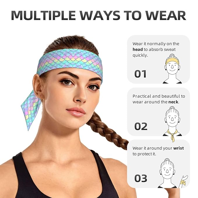 Men Women Beauty Skinny Sports Sweatbands Head Accessories for Running Fitness Shower, Long Multi Style Beautiful Mermaid Fish Scale Head Ribbon Headwear