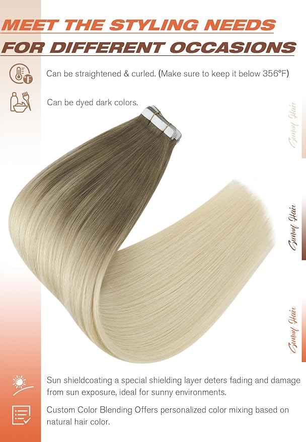 Sunny Hair Tape in Hair Extensions Real Human Hair Invisible Remy Hair Extensions Tape ins for Women Light Brown Root to Platinum Blonde Balayage 16 inch 20Pcs 50G