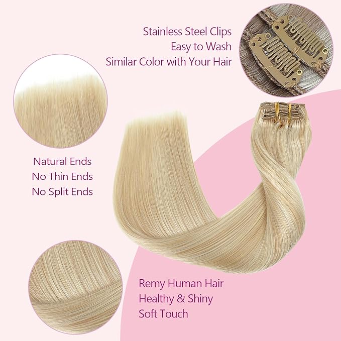 PINKPEARL Clip in Hair Extensions #27P60 Caramel Blonde Highlighted Platinum Blonde 120g 7pcs 14 Inch Clip in Hair Extensions Real Human Hair Hair Extension Clip Ins(#27P60-14)