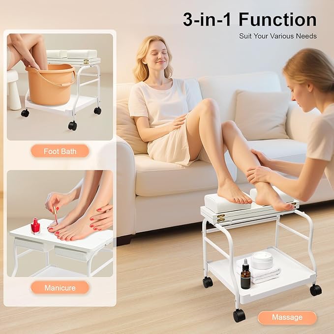 Beauty Salon Nail or Foot Bath Spa, 2Tier Portable Esthetician Trolley Cart Pedicure Manicure Funiture Massage Table Salon Supplies with 4 Wheels for Foot Rest, Hair Salons, Home (White)
