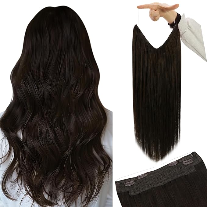 YoungSee Invisible Wire Human Hair Extensions Dark Brown Wire Hair Extensions Darkest Brown Fish Line Extensions Natural Hair for Women 80G 14Inch