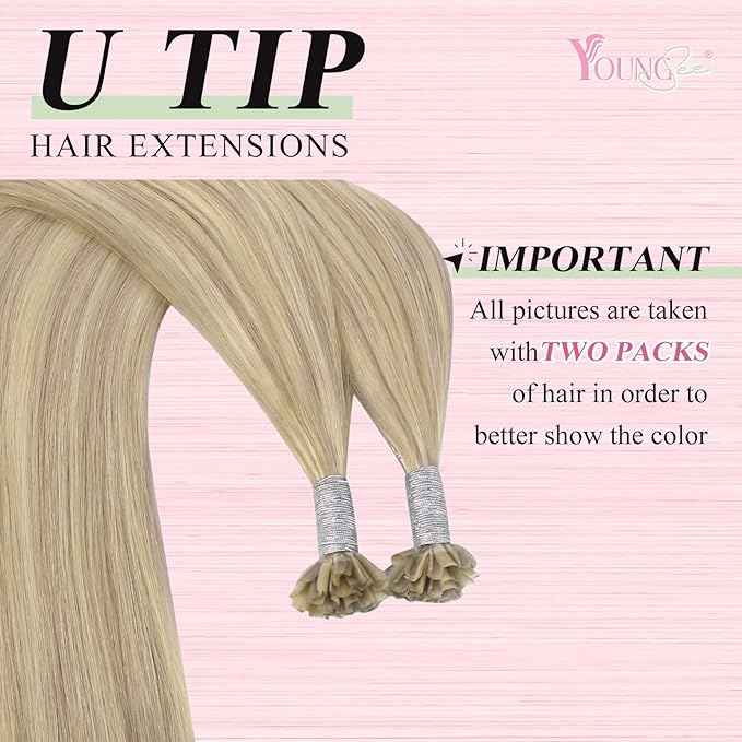YoungSee Utip Hair Extensions Human Hair Highlight Blonde U Tip Hair Extensions Ash Blonde Mixed Bleach Blond Ktip Hair Extension Highlight Pre Bonded Hair Extension 14In 1G/S 50G for Parties