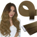 Full Shine Injection Tape in Human Hair Extensions Color R3 Dark Brown to 8 Light Brown Injected Tape in Hair Extensions Human Hair 16 Inch Silky Straight Hair 10Gram 5Pcs for Transitioning Hair