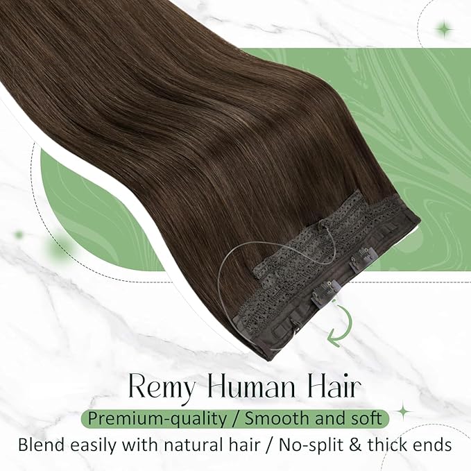 RUNATURE Invisible Wire Hair Extensions Real Human Hair 18 Inch, Wire Hair Extensions Brown One Piece 80g，Soft Silky Hair for Daily Wearing #2 Dark Brown