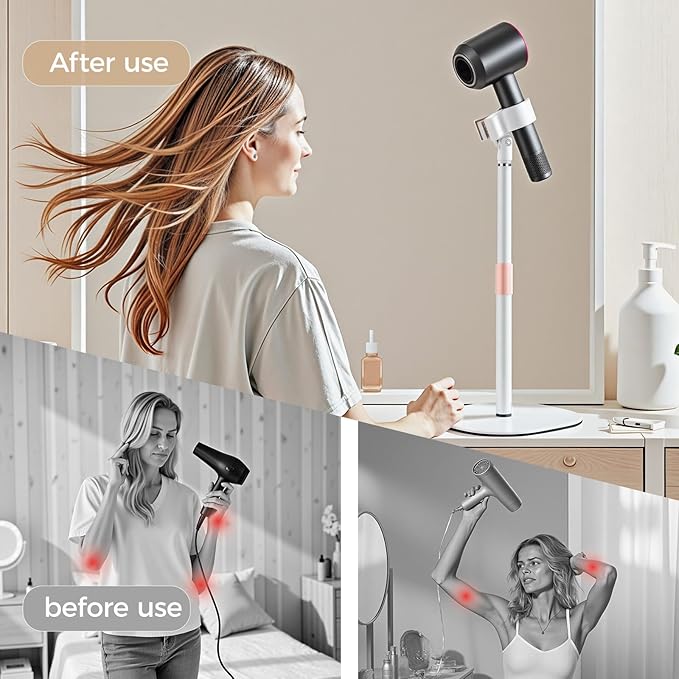 Hands Free Hair Dryer Stand Holder, Countop Blow Dryer Holder with 360 Degree Rotating, Height Adjustable, Universal Grip Works for 99% Blow Dryer (White)