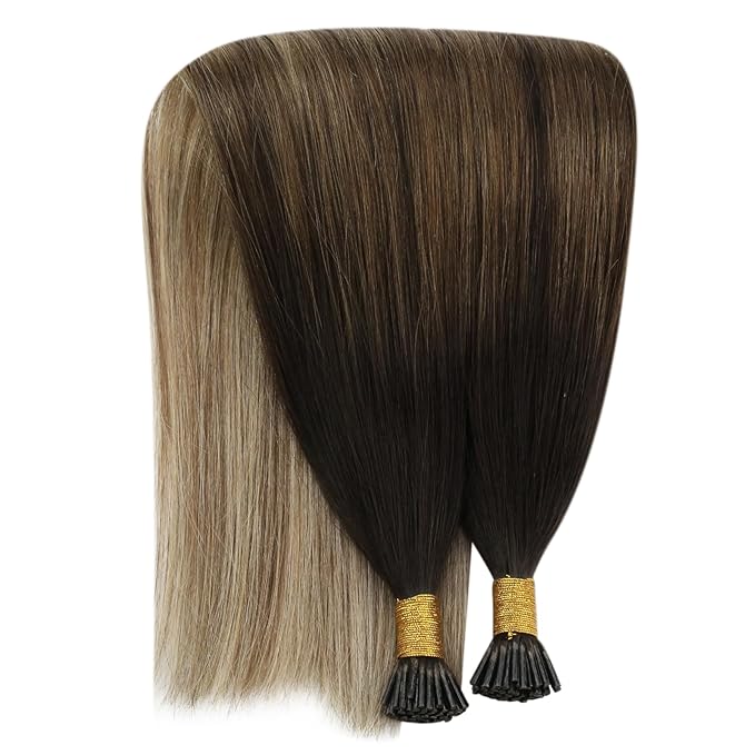 YoungSee Itip Hair Extensions Brown Balayage 24 Inch Keratin Itip Human Hair Extensions Ombre Dark Brown to Medium Brown with Blonde Itip Extensions Long Straight Hair 50g 50s