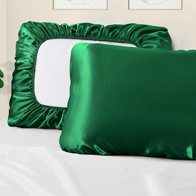 Manyshofu Satin Pillowcases for Hair Protection - 1Pcs Green Pillow Cases, Elastic Band Standard & Queen Satin Pillowcases Luxury Silky Pillow Cases Travel Pillow Covers