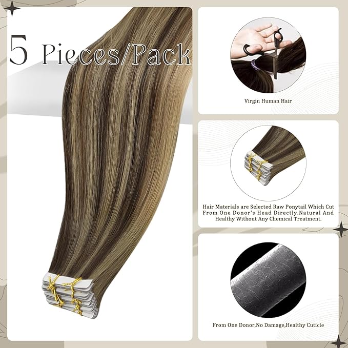 Full Shine Injection Tape in Hair Extensions Human Hair Color BM Virgin Tape in Extensions Seamless Invisible Skin Weft Hair Extensions Straight 22 Inch for Women Add Length 12.5Gram 5Pcs