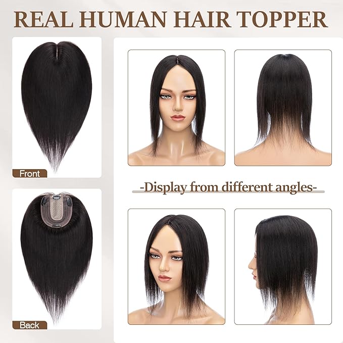 Rich Choices Hair Toppers for Women Real Human Hair 100% Human Remy Toppers NO Bangs for Women with Thinning on Top Clip in Hairpiece 4"x4.7"Lace Base 8 Inch #1B Natural Black