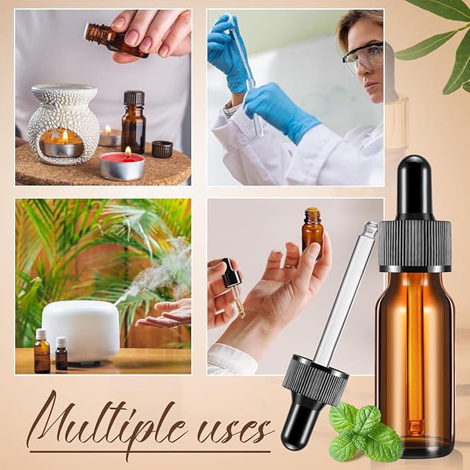 Lallisa 100 Pack Essential Oil Dropper Bottle 15 ml (1/2 oz) Glass Dropper Bottles DIY for DIY Essential Oil Perfume with 5 Funnels 5 Pipettes 3ml 100 Labels for Bathrooms, Hotels, Labs (Amber)