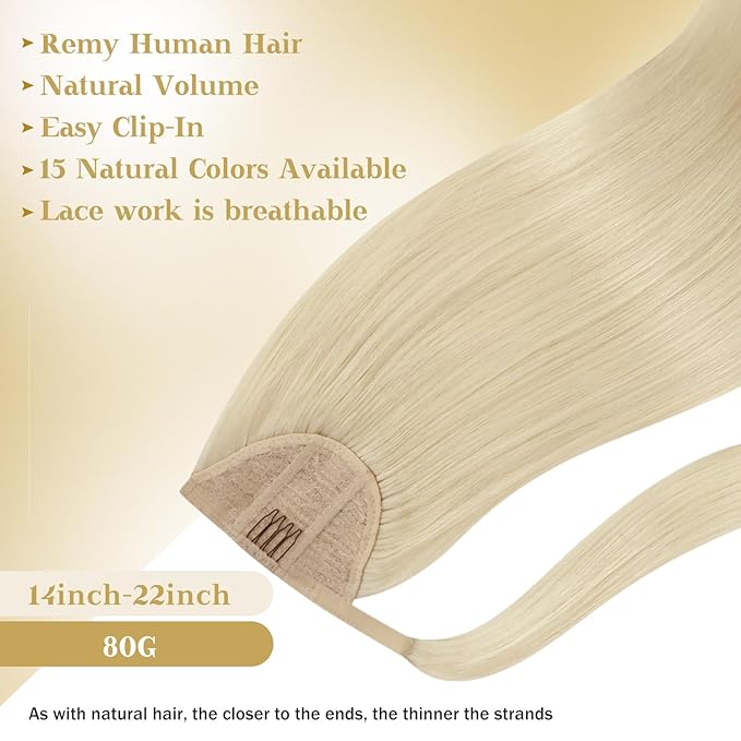 Ve Sunny Hair Extensions Ponytail Real Human Hair 80G Wrap Around Clip in Ponytail Hair Extensions Straight Extensions Human Hair for Women White Platinum Blonde 14inch