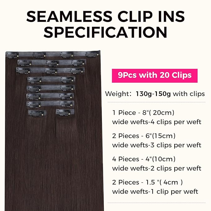 Lashey Seamless Clip in Hair Extensions Human Hair 150g 9pcs #2 Dark Brown Straight 22 Inch Hair Extensions Clip ins with PU Soft Invisi Edge