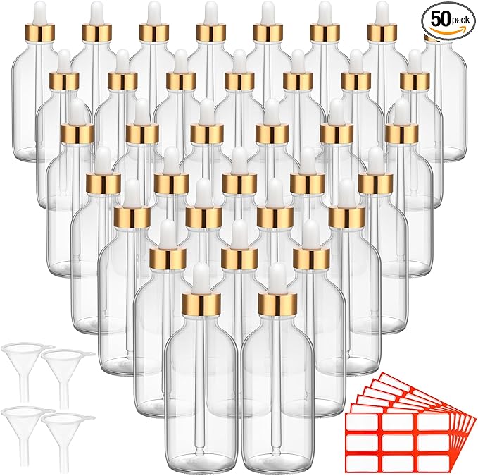 Dandat 50 Pack 4 oz Glass Dropper Bottles Leakproof 120 ml Glass Tincture Bottles with Eye Droppers, 4 Funnels, 54 Labels for Essential Oil Perfumes Hair Oil(Clear)