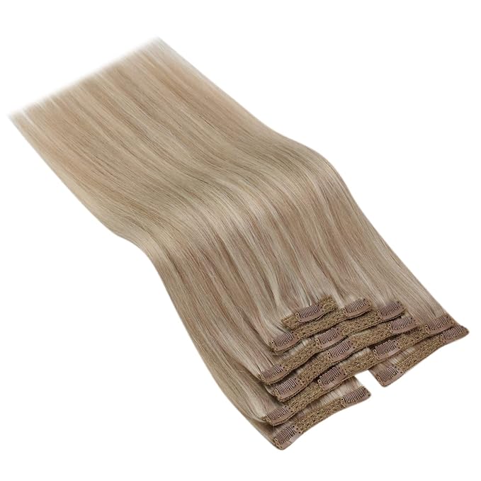 Ve Sunny Clip in Extensions Human Hair Double Weft Hair Extensions Blonde Highlight for Women Warm Color Clip in Hair Extensions Real Human Hair Full Head 120g 20inch