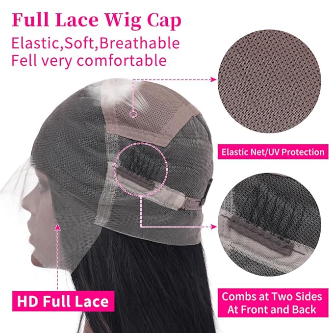 Straight Full Lace Wigs Human Hair 100% Hand-tied Full Lace Human Hair Wigs Full Scalp Lace Wigs Part Anywhere 180% Density(26inch, Natural Black)
