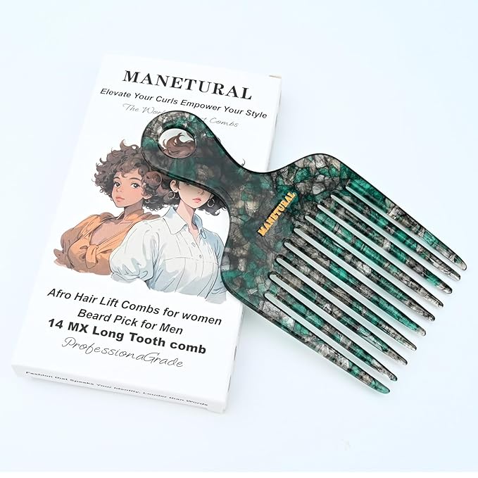 14MX Long-Tooth Comb/Afro Hair Lift Combs for Women's Curls and Men's Beards - Hand-Made, Hand-Crafted Beauty for Effortless Styling (Green, 2PACK)
