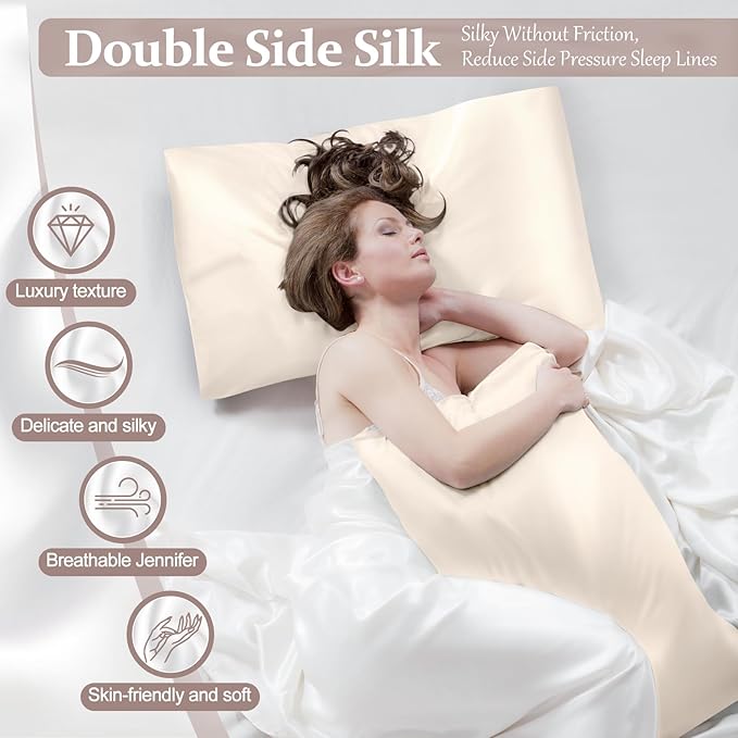 2 Pack 100% Pure Silk Pillowcase for Hair and Skin, Both Sides Mulberry Silk Pillowcases with Hidden Zipper, Cooling Pillowcase 19 Momme, 600 Thread Silk Pillow Cases King Size, Beige