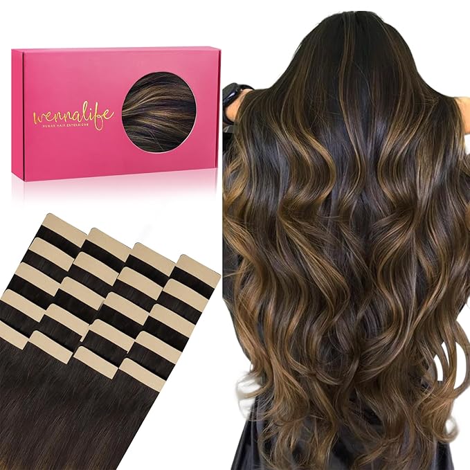 WENNALIFE Tape in Hair Extensions Human Hair, 20pcs 30g 10 inch Balayage Dark Brown Mixed Chestnut Brown Remy Hair Extensions Straight Human Hair Tape in Extensions Skin Weft Extensions