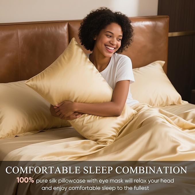 100% Mulberry Silk Pillowcase 22 Momme (SGS Certified) with Free Silk Eye Mask - Luxury Gift-Ready Folded Packaging, Cooling Pillow Cover for Hair & Skin Care (Gold, Standard (1 Pack))