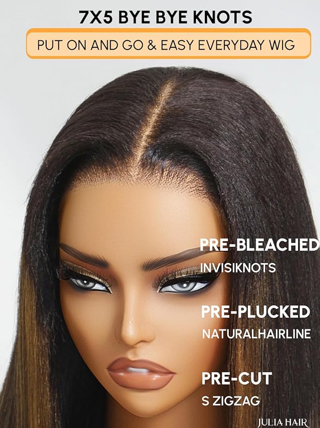 Julia Hair Chestnut Brown Ombre Yaki Straight 7x5 Pre Cut HD Lace Put On and Go Wig Bye Bye Knots Glueless Human Hair Wigs with Invisi Drawstring Pre Plucked Bleached Knots Beginner Friendly 24 Inch