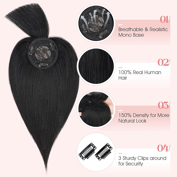 Hairro Mono Hair Toppers with Bangs, 3.4" x 3.4" Mono Base 100% Real Human Hairpieces for Women, 150% Density Clips In Topper for Greyish Thinning Hair, 12 Inch Jet Black