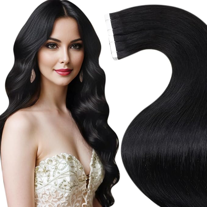 LaaVoo Human Hair Tape in Extensions Black Tape in Hair Extensions Invisible Hair Extensions Tape on Soft Hair 24inch 50g 20pcs