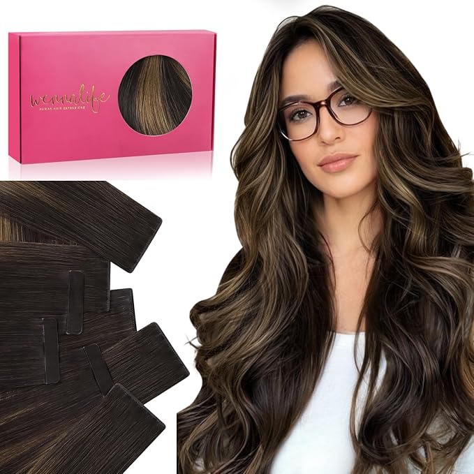 WENNALIFE Invisi Edge & Classic Tape in Hair Extensions Human Hair, 20 Inch 50g 20pcs(10pcs Invisi Edge & 10pcs Classic) Balayage Dark Brown Mixed Chestnut Brown Invisible Luxury Remy Hair Injected