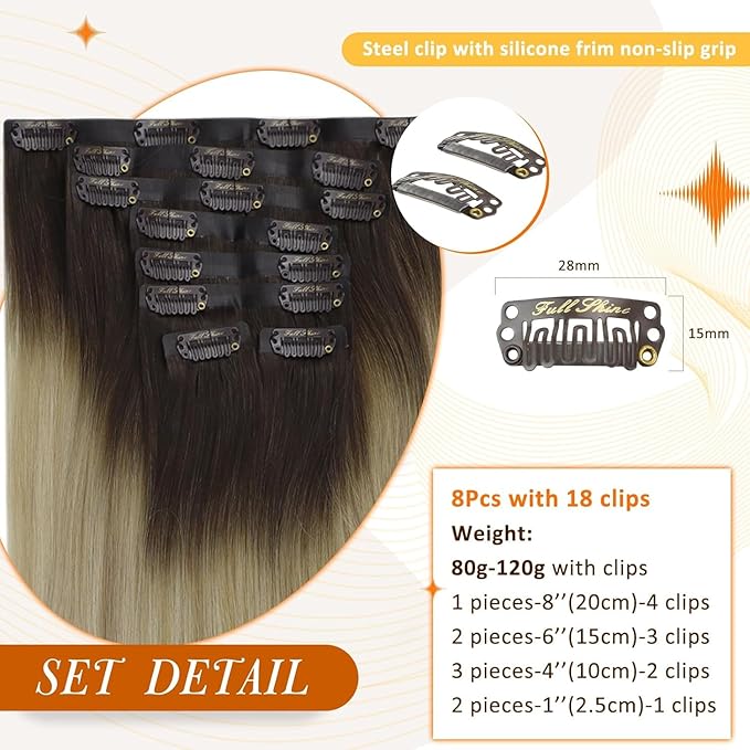 Full Shine Human Hair Clip in Extensions 16 Inch Ombre Dark Brown to Ash Blonde and Platinum Blonde Real Human Hair Clip ins Extension Thick End 8 PCS 120 Grams