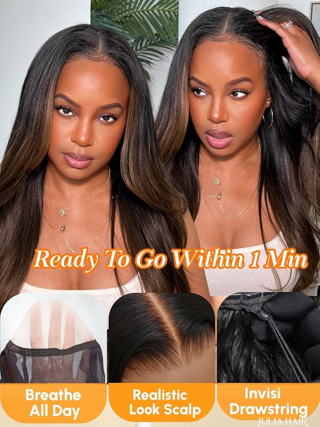 Julia Hair Chestnut Brown Ombre Yaki Straight 7x5 Pre Cut HD Lace Put On and Go Wig Bye Bye Knots Glueless Human Hair Wigs with Invisi Drawstring Pre Plucked Bleached Knots Beginner Friendly 24 Inch