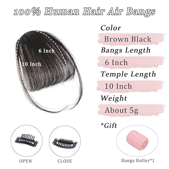 Clip in Bangs Real Human Hair Brown Black Wispy Bangs Fake Bangs with Fringe Clip on Bangs Curved Bangs Hairpieces for Women Daily Wear