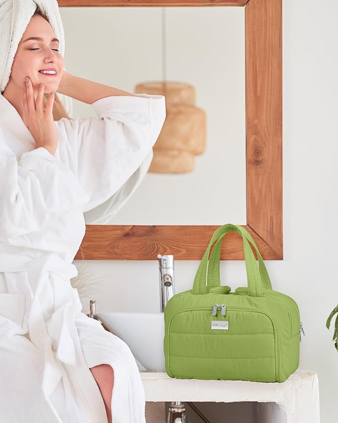 TOPDesign Travel Toiletry Bag for Women, Puffer Large Toiletry Bag, Lightweight Cosmetic Makeup Organizer with Handle for Traveling, Accessories, Essentials, Toiletries (Green)