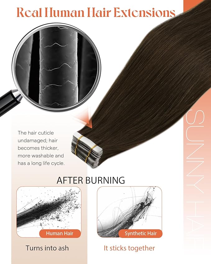 Sunny Hair Brown Tape in Hair Extensions Human Hair 20 inch Remy Hair Extensions Tape in Thick End Tape ins Human Hair Extensions 40Pcs 100g