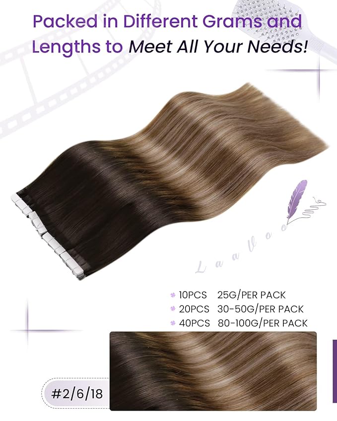LaaVoo Invisible Tape in Hair Extensions Human Hair Ombre Dark Brown to Medium Brown Mix Golden Brown Hair Extensions Tape in Real Hair Tape on Extension Silky Straight Hair 20inch 50g 20pcs