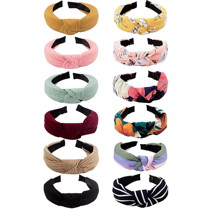 VELSCRUN 12 Pcs Womens Headbands Knotted Headbands for Women Wide Headband Boho Bandeau Knot Turban Headband Hair Band Elastic Hair Accessories for Women