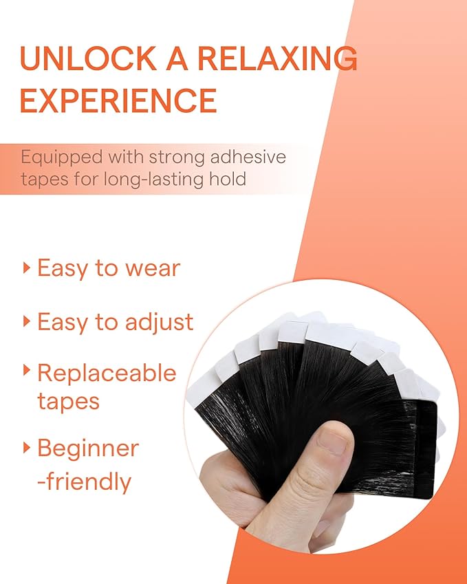 Sunny Hair Tape in Hair Extensions Real Human Hair Invisible Remy Hair Extensions Tape ins for Women Jet Black 22 inch 25G