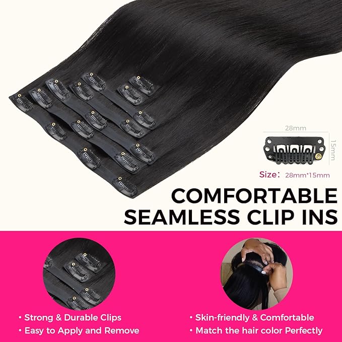 Lashey Seamless Clip in Hair Extensions Human Hair Light Yaki Straight 110g 7pcs Natural Black 18 Inch PU Clip Soft Invisi Edge